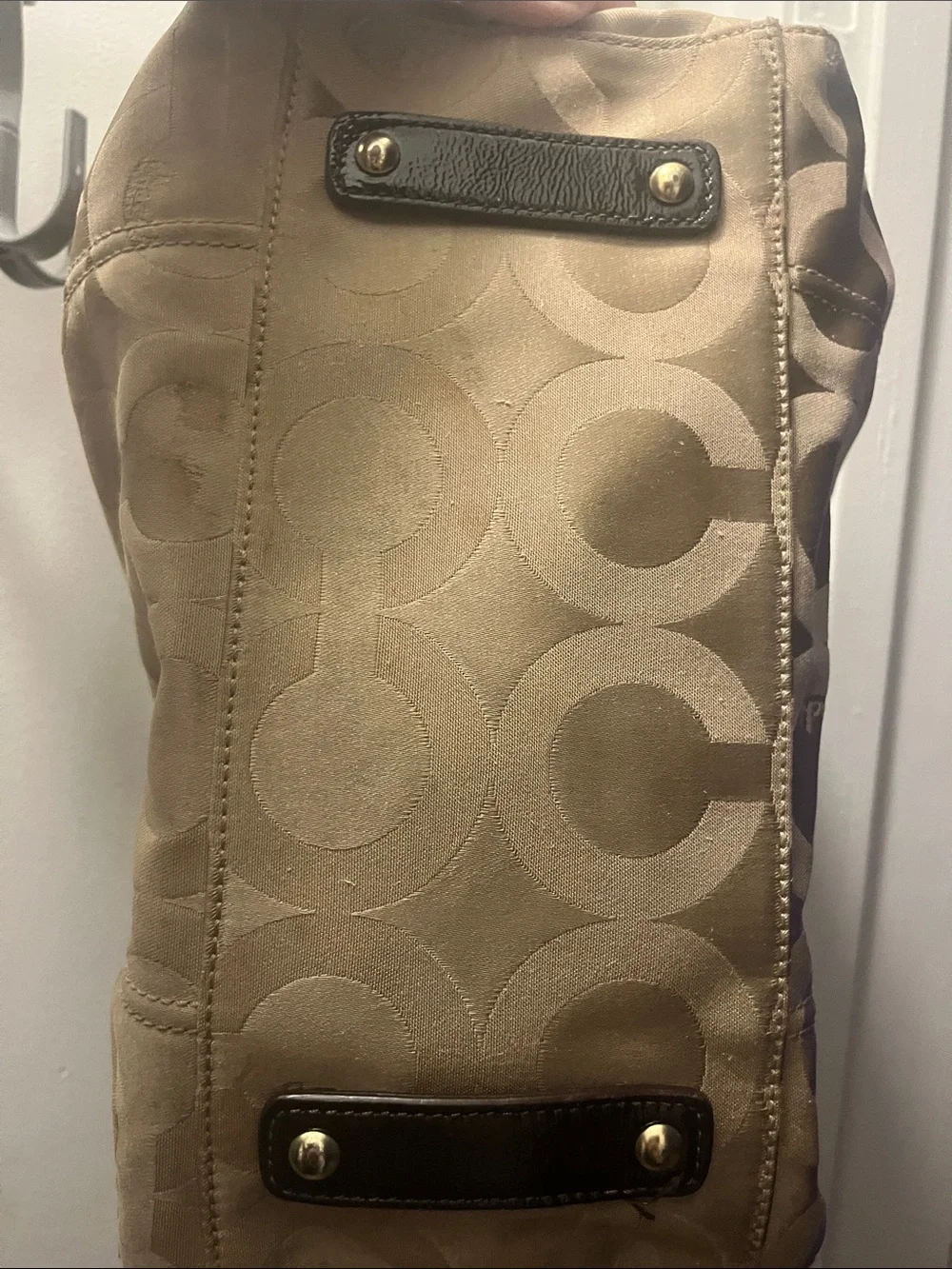 Coach Signature Shoulder Bag in Tan and Brown with Gold Hardware